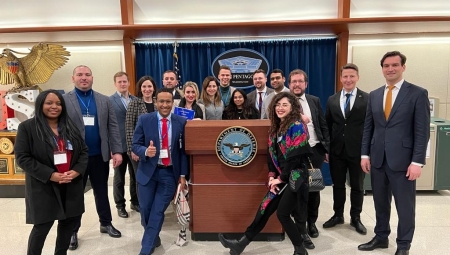 IVLP Hero Image_ Group Photo of Delegates at Pentagon Building in Virginia