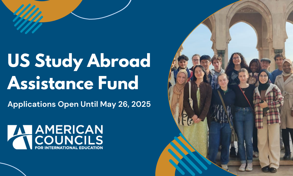 US Assistance Fund_ Blue Background with White Text_ photo of US Study Abroad participants