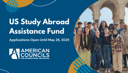 US Assistance Fund_ Blue Background with White Text_ photo of US Study Abroad participants